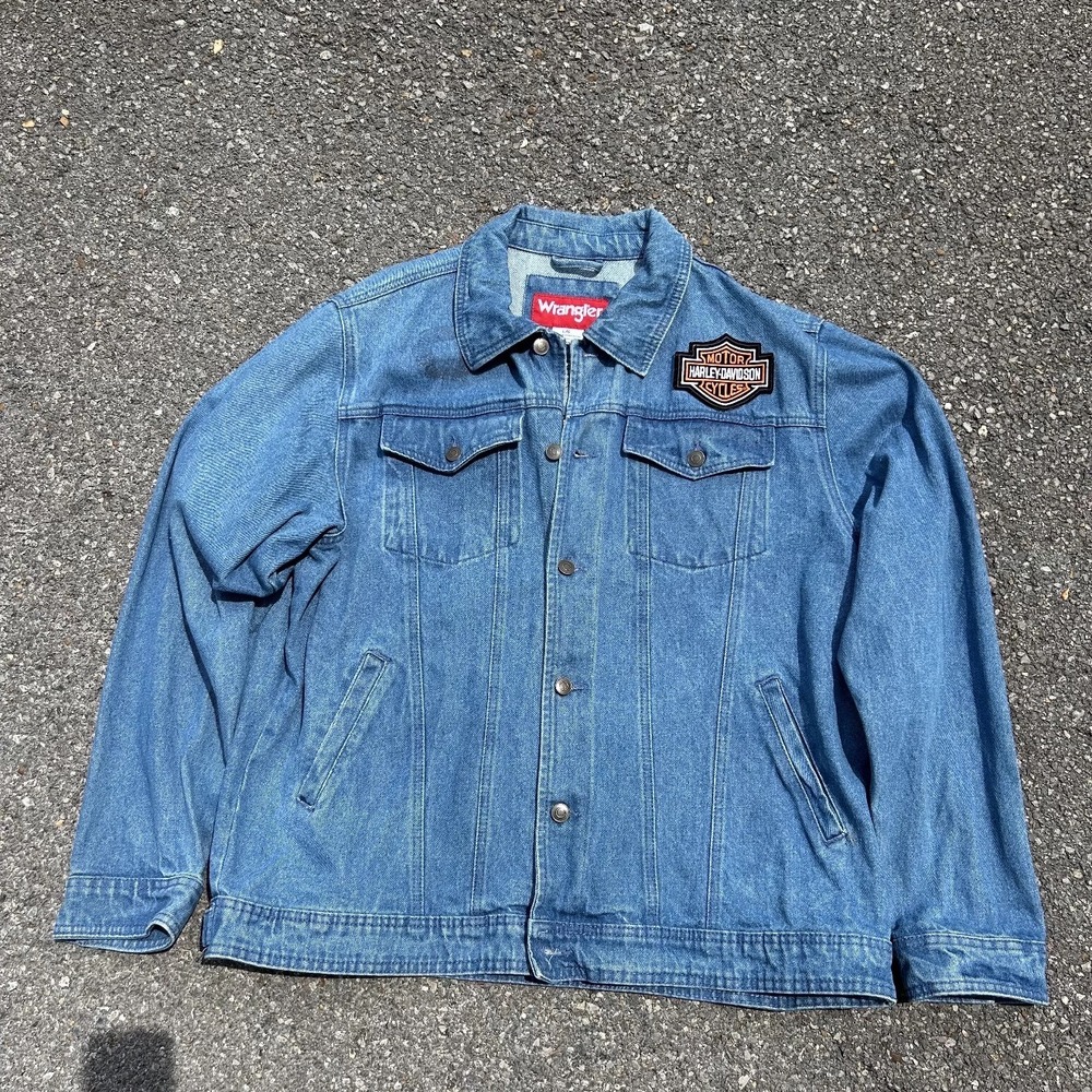 Wrangler Harley Davidson Custom Denim Trucker Jacket Mens Large Blue Patch Biker